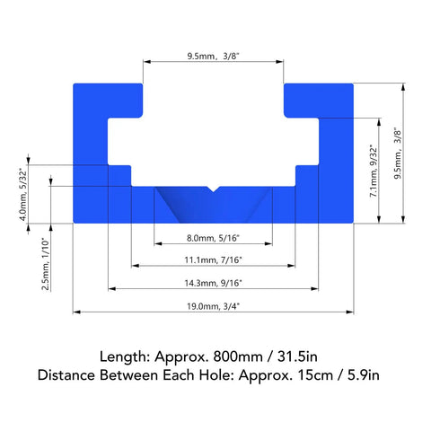 Cross-section diagram of Two Pack Aluminum T Track Kit 800mm Blue Oxidized T Slot Track With Predrilled Holes for woodworking jigs