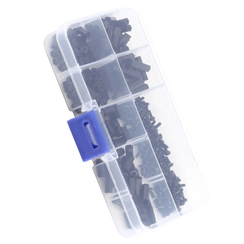 Rock Solid Nylon Hex Standoff Kit Featuring 250 Pieces Of M2 And M3 PCB Spacers in clear storage box.