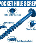 Exterior Pocket Hole Screws 1-1/4 Inch, 70 Pc Size 8 Coarse Thread, Square Drive, Washer Head, Blue Weather-Resistant Coated