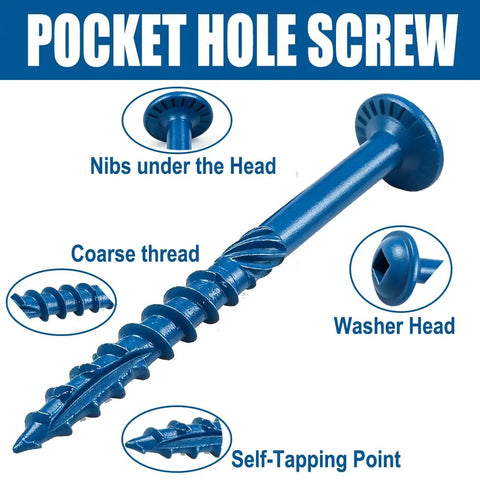 Exterior Pocket Hole Screws 1-1/4 Inch, 70 Pc Size 8 Coarse Thread, Square Drive, Washer Head, Blue Weather-Resistant Coated
