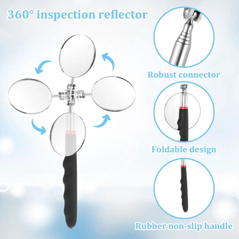 Six Piece Telescoping Inspection Mirror Set With 360 Degree Rotating Heads Retractable Long Handles shown with features.