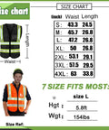 Size chart for Fresh High Visibility Safety Vest With Custom Logo Design And Front Zipper Featuring Glow In The Dark Reflective Tape.