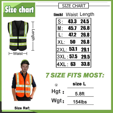 Size chart for Fresh High Visibility Safety Vest With Custom Logo Design And Front Zipper Featuring Glow In The Dark Reflective Tape.