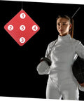 Two Pack Dual Sided Fencing Target For Home Use Sturdy Puncture Resistant Training Accessory with fencer in white gear