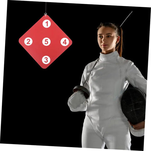 Two Pack Dual Sided Fencing Target For Home Use Sturdy Puncture Resistant Training Accessory with fencer in white gear