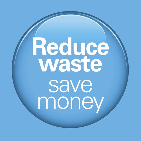 Blue button with white text 'Reduce waste save money', promoting sustainability and cost-effectiveness.