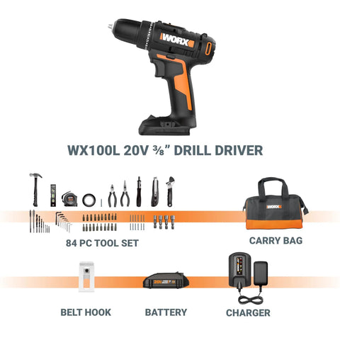 20V Cordless Drill Driver With 84 Piece Accessory Kit, Variable Speed Two Speed, 265 In Lbs Torque, 20 Plus 1 Clutch, Lightweight No Sweat Compact Design, 3 8 Inch Keyless Chuck, Battery And Charger Included For Home DIY Projects, shown with parts and bag.