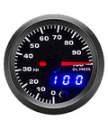 52mm oil pressure gauge kit, front view, black dial, blue LED readout, 0–100 psi