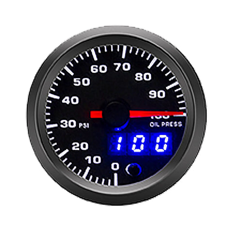 52mm oil pressure gauge kit, front view, black dial, blue LED readout, 0–100 psi