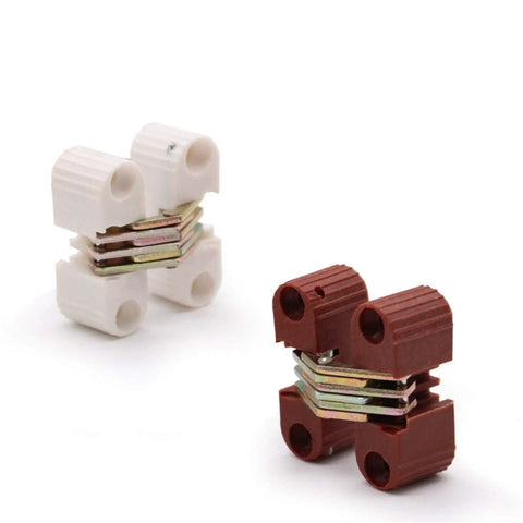 4 Piece Rock Solid White Hidden Hinges 33X11Mm Foldable Cross Hinges For Doors Windows Furniture Table Repair Heavy Duty Plastic With Reinforced Core Non Fading Coating Plug And Play Setup For Quick Fixes in white and brown colors.