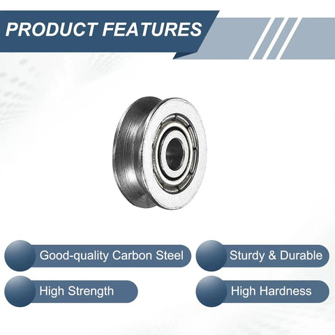 Single V groove pulley showing product features including strength, durability, and precision, from the Six Pack Small V Groove Pulleys 3x12x4mm Aluminum Alloy Miniature Pulleys For Rail Track Linear Motion System Replacement Great For CNC Robotics DIY And Precision Sliding.