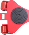 Heavy Duty Machinery Skates Featuring Killer 4409 Pound Load Rating And Smooth Rolling 360 Swivel Polyurethane Rollers top view with red finish and black circular pad.