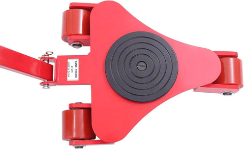 Heavy Duty Machinery Skates Featuring Killer 4409 Pound Load Rating And Smooth Rolling 360 Swivel Polyurethane Rollers top view with red finish and black circular pad.