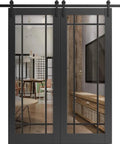 Sturdy Double Barn Door With Clear Glass In Matte Black Finish Built To Last 72 By 96 Inches Total Two 36 By 96 Panels