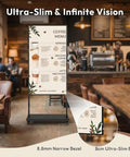 65 Inch Floor Standing Digital Signage 4K UHD Display Android 14 showing a coffee menu in a cafe setting.