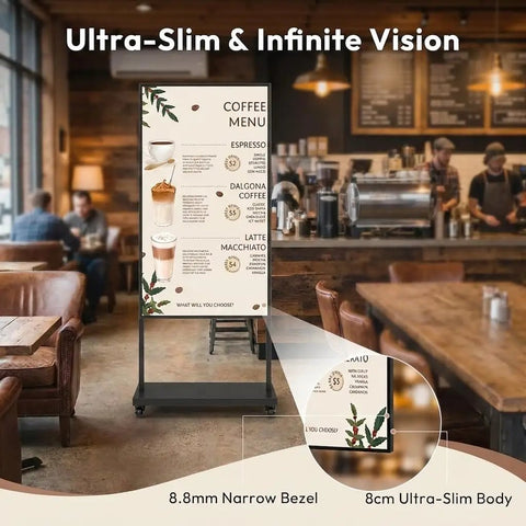 65 Inch Floor Standing Digital Signage 4K UHD Display Android 14 showing a coffee menu in a cafe setting.