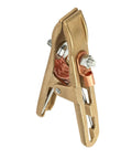 Premium 500 Amp Brass Welding Ground Clamp With A-Shape Grip, showing brass material and intricately designed jaws for high conductivity.