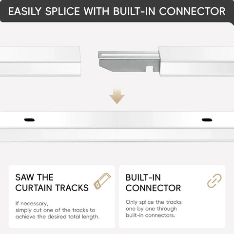 Durable Aluminum Ceiling Curtain Track With Roller Hooks White 9Ft To 12Ft Easy No Fuss Install Smooth Glide For Drapes And Sheer Curtains Rust Resistant And High Quality built-in connector shown with spliced track