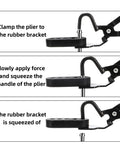 Covzoe exhaust hanger removal pliers clamping black rubber bracket, front view
Covzoe exhaust hanger removal pliers side view gripping black rubber bracket
Close-up: rubber bracket squeezed by Covzoe exhaust hanger removal pliers