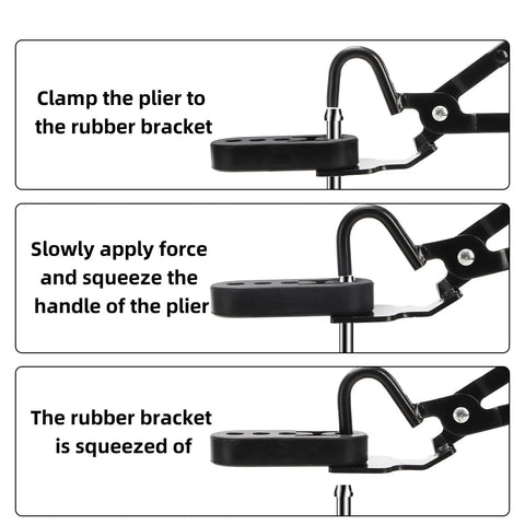 Covzoe exhaust hanger removal pliers clamping black rubber bracket, front view
Covzoe exhaust hanger removal pliers side view gripping black rubber bracket
Close-up: rubber bracket squeezed by Covzoe exhaust hanger removal pliers