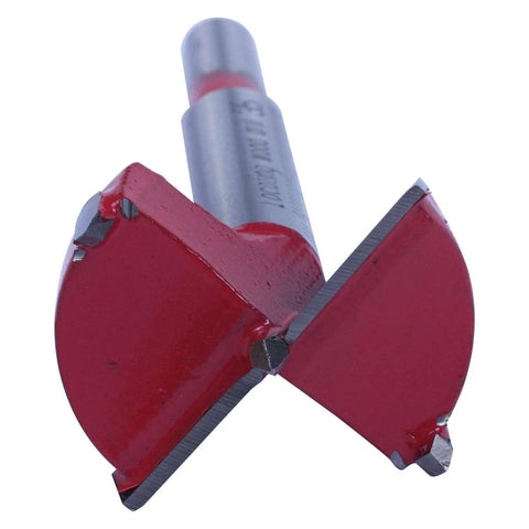 Red carbide hole-saw drill bit for wood with silver shank, 35mm diameter.