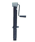 A-frame RV tongue jack side view; black steel post with hand crank and chrome top.