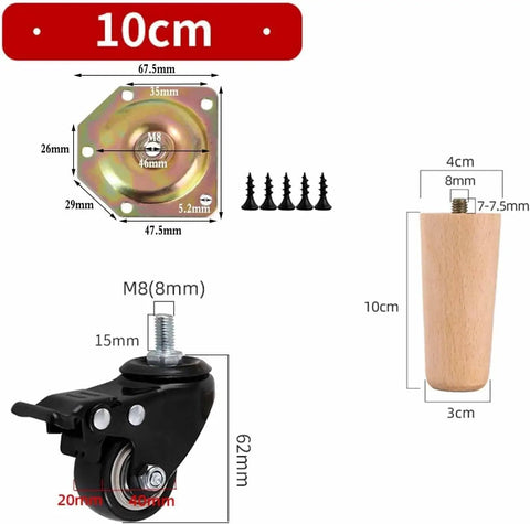 Rock Solid Heavy Duty Furniture Legs With Smooth Rolling Casters Set Of 4 Adjustable Solid Beech Wooden Replacement Feet, dimensions and components.
