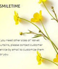 Yellow flowers and text about contacting customer service for custom sizes of velvet curtains.