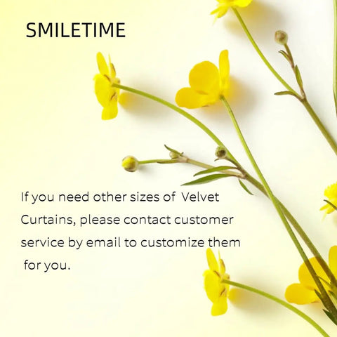 Yellow flowers and text about contacting customer service for custom sizes of velvet curtains.