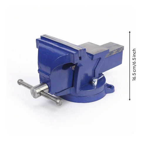 Swivel Bench Vise 6 Inch Heavy Duty Cast Iron Workbench Clamp For Mechanics And DIYers Rotating Tool Holder With Secure Locking Base in blue color