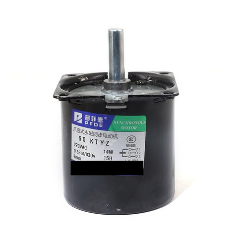Smooth Running 220V AC Synchronous Motor With 14W Permanent Magnet Tech And 8mm Shaft, front view showing motor label and shaft.