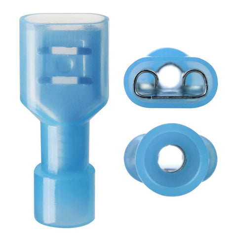 Blue nylon insulated female spade connectors for 16-14 AWG wire, quick-disconnect terminals, 100 pcs.