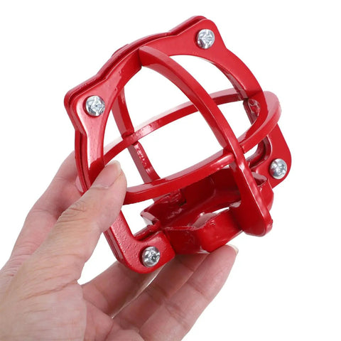 Bad Boy Fire Sprinkler Head Guard Cage To Dodge Dents And Kick Damage Real Quick On 3 34 Inch Fixtures showing red steel cage held in hand.