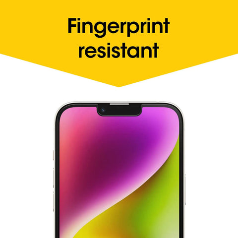 Fingerprint resistant Amplify Glass Antimicrobial Blue Light Screen Protector for iPhone 14 Plus shown on a vibrant phone screen.