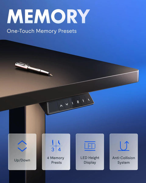 One-Piece Electric Standing Desk With Four Memory Presets, 176 Lb Capacity, Ultra Quiet Lift, Seamless 48 By 24 Inch Desktop, Perfect For Home Office And Dual Monitor Setups, Stable, Sturdy, Black Finish featuring a control panel with memory presets and a pen on the desktop.