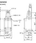Technical dimensions of Limit Switch WLD2 With Parallel Roller Plunger Momentary Actuator One NO And One NC Contact Two Circuit Industrial Position Switch 10 Amp 250VAC Built Tough For CNC And Conveyors IP66 Waterproof