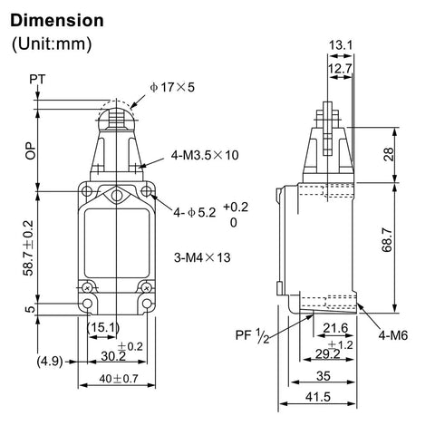 Technical dimensions of Limit Switch WLD2 With Parallel Roller Plunger Momentary Actuator One NO And One NC Contact Two Circuit Industrial Position Switch 10 Amp 250VAC Built Tough For CNC And Conveyors IP66 Waterproof