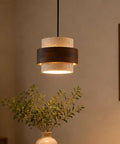 Axamate Wabi Sabi Pendant Light Natural Stone Chandeliers Dia 8", stone and wood design illuminating a cozy interior.