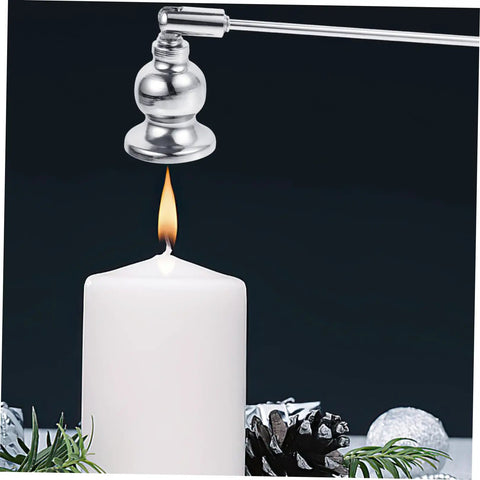 Christmas Metal Candle Fire Extinguisher Cap With Long Handle extinguishing a tealight, sleek silver design, elegant and functional.