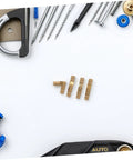 Small Solid Brass Invisible Barrel Hinges For Jewelry Boxes And Cabinet Doors Concealed Hidden Cylinder Hardware For Wooden Crafts And DIY Projects Versatile Hidden Hinges For Keepsakes Boxes And Small Cabinets displayed with screws and tools