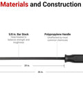 36 Inch Angled End Pry Bar With Textured Poly Handle For High Leverage Prying And Lifting, details of components and dimensions.