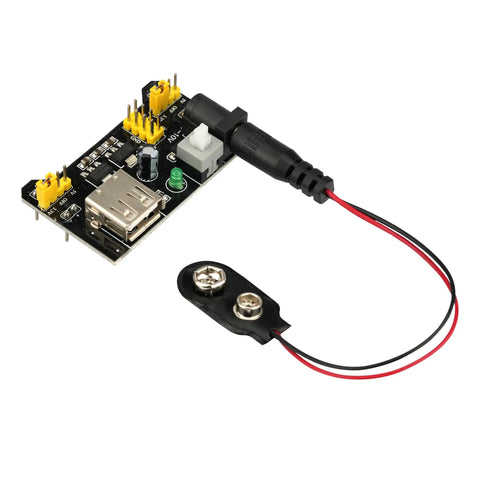 Six Pack Breadboard Power Supply Module 3.3V/5V For Arduino Projects, 6.5-9V DC Input Or USB, Up To 700mA Output with battery clip