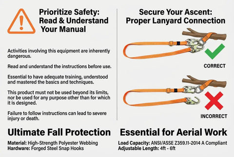 Safety instructions for Adjustable Tree Climbing Lanyard With Quick Slide Toggle showing proper and improper connections.