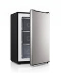Spare Your Square Footage 3.2 Cubic Foot Upright Freezer In Classic Silver showing wide swing door and three storage bins.