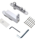 Heavy Duty Door Pivot Hinges Delivering Auto Soft Close Action Plus Invisible Hidden Mounting For Smooth As Butter Swingin Doors And Zero Hassle Up Down Adjustments in silver with installation screws and hex keys.