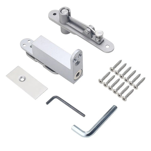 Heavy Duty Door Pivot Hinges Delivering Auto Soft Close Action Plus Invisible Hidden Mounting For Smooth As Butter Swingin Doors And Zero Hassle Up Down Adjustments in silver with installation screws and hex keys.