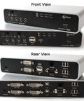 Dual Head DVI Optical KVM Extender Rx Module Links Two PC Rigs Over Fiber with front and rear views showcasing inputs and ports.