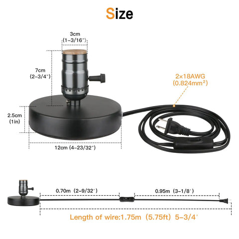 Vintage Metal Table Lamp Base Only Without Shade With Edison Style Exposed Bulb Support E26 E27 Short Desk Lamp For Small Spaces 5.75 Foot Cord On Off Switch Matte Black with size dimensions and cord length.