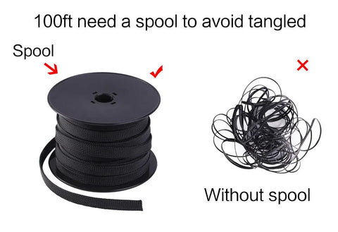 Spool vs tangled wire of 100 Ft 1/2 Inch PET Expandable Braided Cable Sleeve Black For Audio Video And Home Electronics Wiring