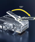Close-up view of 200 Pack RJ45 Cat6 Pass Through Connectors for solid or stranded UTP cable with transparent housing